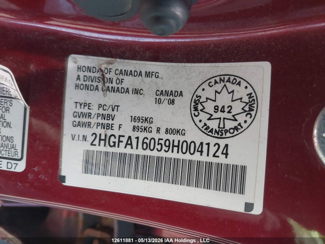 Aukcja sprzedaży 2009 Honda Civic Exl, vin: 2HGFA16059H004124, numer aukcji: 12611881