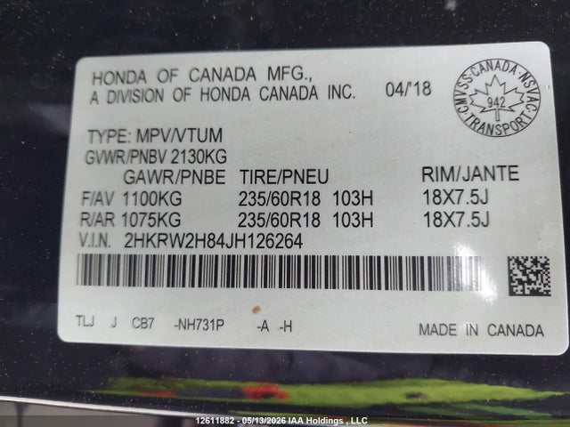 2HKRW2H84JH126264 Honda Cr-v Ex-l