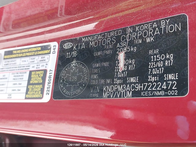 12611887 :رقم المزاد ، KNDPM3AC9H7222472 vin ، 2017 Kia Sportage Lx مزاد بيع