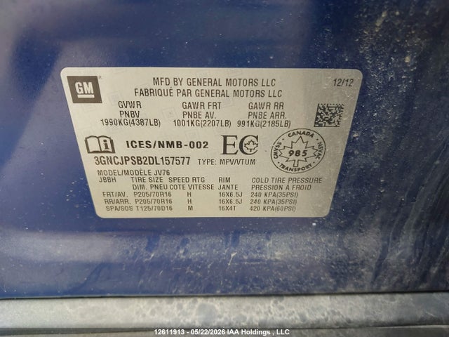 Продаж на аукціоні авто 2013 Chevrolet Trax 1lt, vin: 3GNCJPSB2DL157577, номер лоту: 12611913