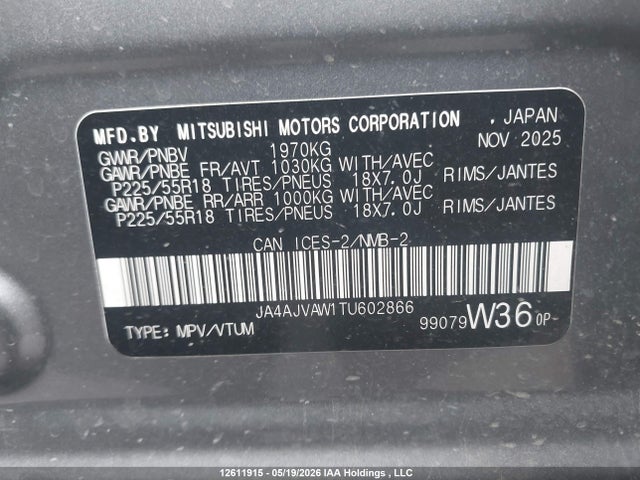 Продаж на аукціоні авто 2026 Mitsubishi Rvr Gt Awc/noir Awc/se Awc/sel Awc, vin: JA4AJVAW1TU602866, номер лоту: 12611915