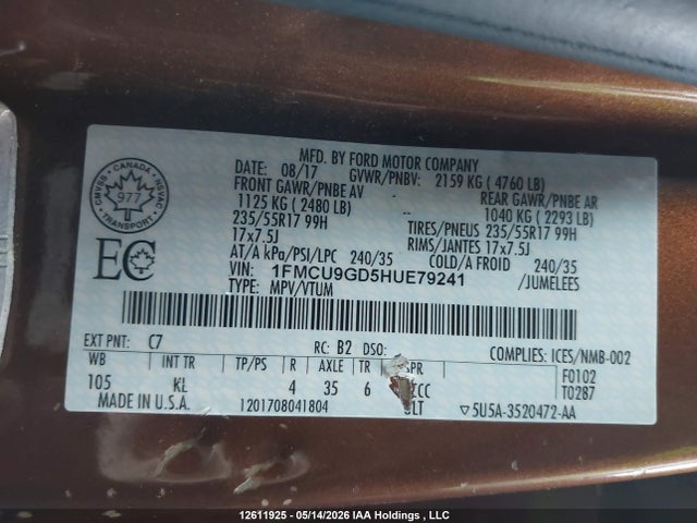 1FMCU9GD5HUE79241 Ford ESCAPE SE