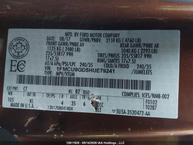 1FMCU9GD5HUE79241 Ford ESCAPE SE