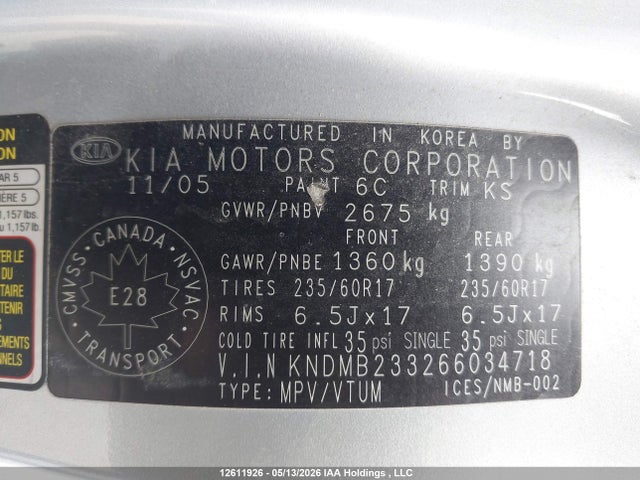 Aukcja sprzedaży 2006 Kia Sedona Ex/lx, vin: KNDMB233266034718, numer aukcji: 12611926