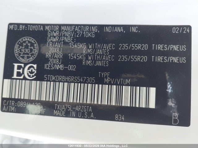 5TDKDRBH6RS547305 Toyota Highlander Limited