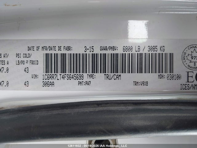 2015 Ram 1500 Slt მანქანა იყიდება აუქციონზე, vin: 1C6RR7LT4FS645699, აუქციონის ნომერი: 12611932
