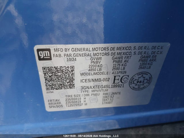 12611939 :رقم المزاد ، 3GNAXTEG4SL189921 vin ، 2025 Chevrolet Equinox Rs Awd مزاد بيع