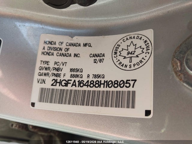 Продаж на аукціоні авто 2008 Honda Civic Dx-g, vin: 2HGFA16488H108057, номер лоту: 12611940