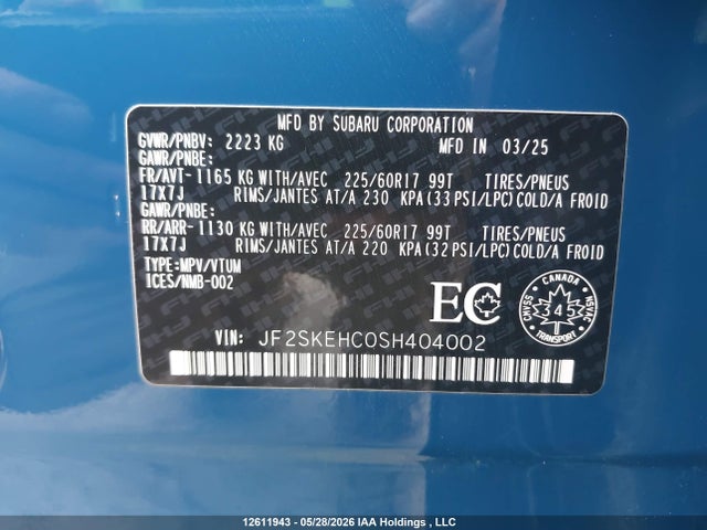 Продаж на аукціоні авто 2025 Subaru Forester Sport, vin: JF2SKEHC0SH404002, номер лоту: 12611943