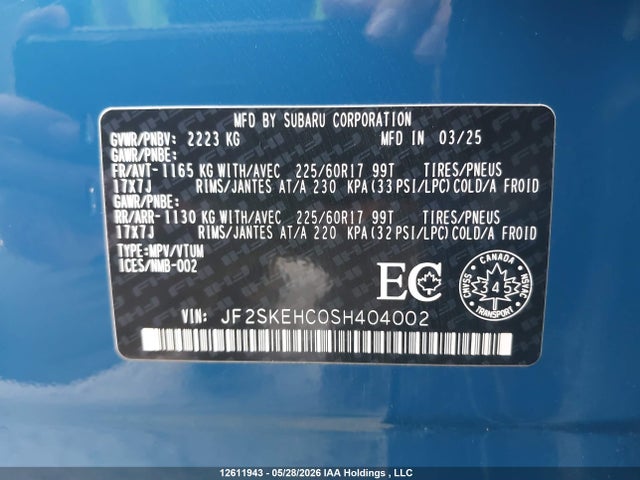 Продаж на аукціоні авто 2025 Subaru Forester Sport, vin: JF2SKEHC0SH404002, номер лоту: 12611943