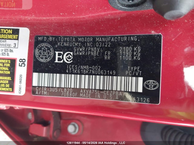 4T1K61BK7NU063149 Toyota CAMRY XSE
