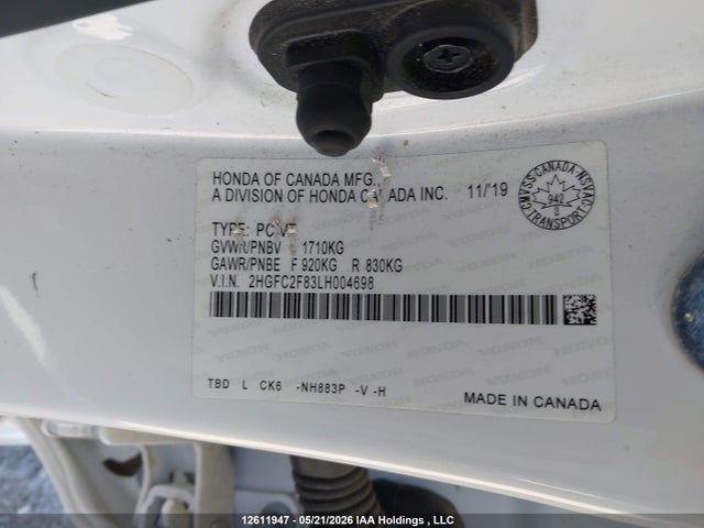 2020 Honda Civic მანქანა იყიდება აუქციონზე, vin: 2HGFC2F83LH004698, აუქციონის ნომერი: 12611947