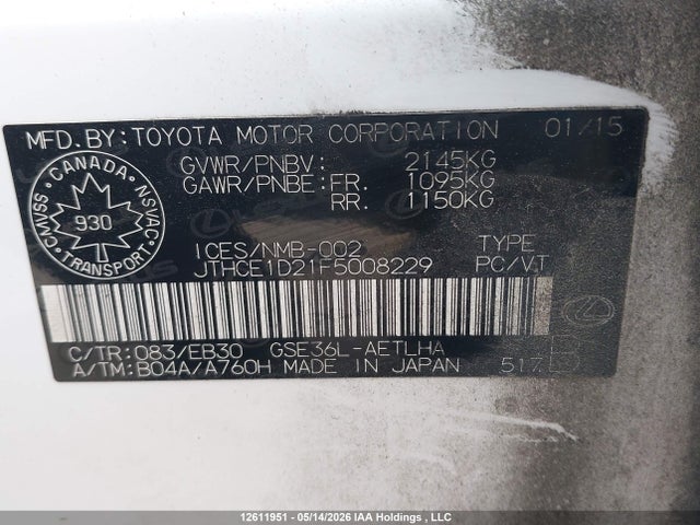 Auction sale of the 2015 Lexus Is 350, vin: JTHCE1D21F5008229, lot number: 12611951