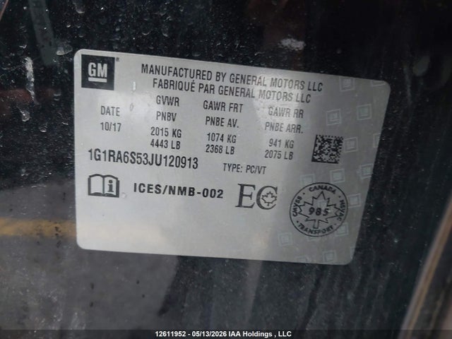 Продажа на аукционе авто 2018 Chevrolet Volt Lt, vin: 1G1RA6S53JU120913, номер лота: 12611952