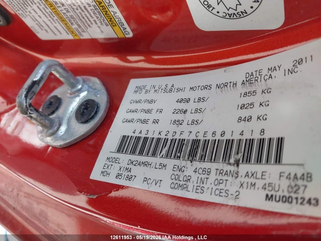 12611953 :رقم المزاد ، 4A31K2DF7CE601418 vin ، 2012 Mitsubishi Eclipse Gs مزاد بيع
