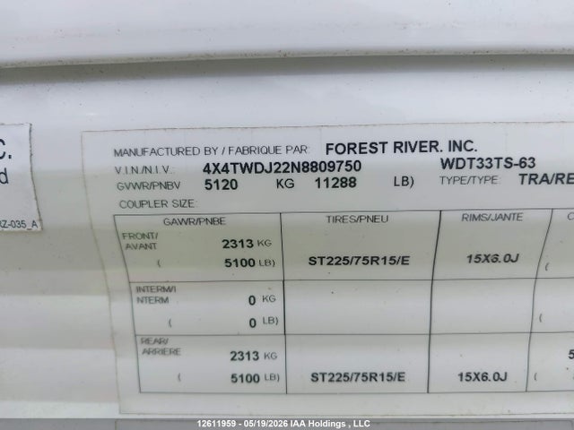 12611959 :رقم المزاد ، 4X4TWDJ22N8809750 vin ، 2022 Forest River  مزاد بيع