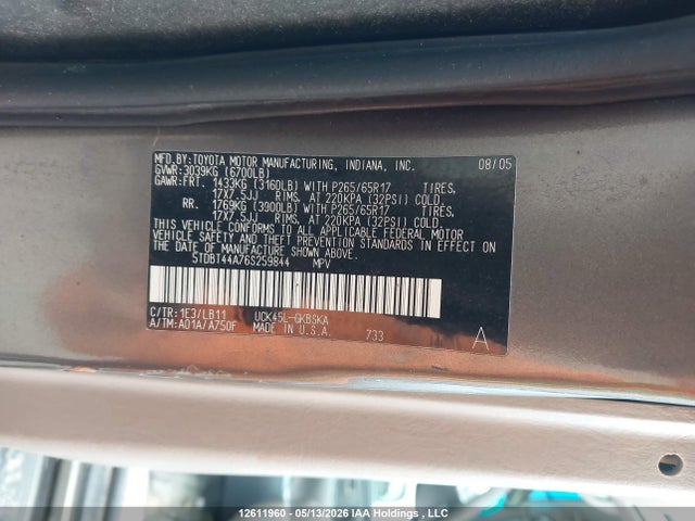 12611960 :رقم المزاد ، 5TDBT44A76S259844 vin ، 2006 Toyota Sequoia Sr5 مزاد بيع