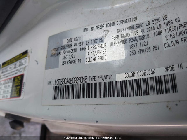 12611963 :رقم المزاد ، JM3TB3CA4B0323345 vin ، 2011 Mazda Cx-9 مزاد بيع