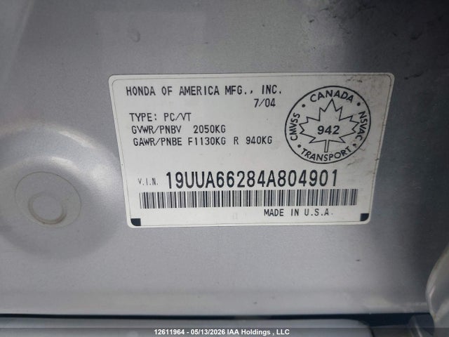 12611964 :رقم المزاد ، 19UUA66284A804901 vin ، 2004 Acura Tl مزاد بيع