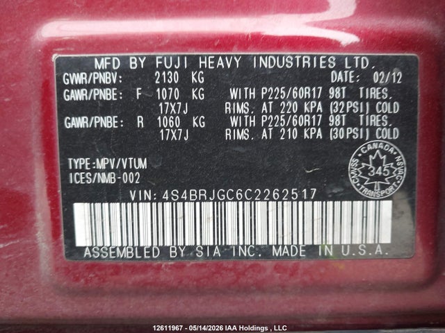 Aukcja sprzedaży 2012 Subaru Outback 3.6r Premium, vin: 4S4BRJGC6C2262517, numer aukcji: 12611967
