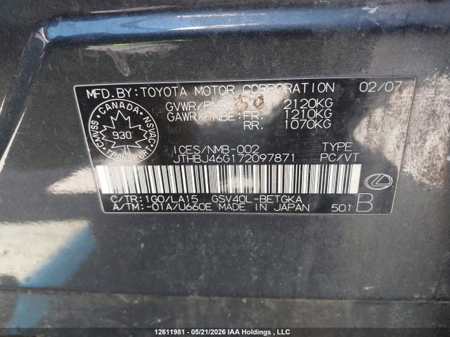 Продажа на аукционе авто 2007 Lexus Es 350 350, vin: JTHBJ46G172097871, номер лота: 12611981