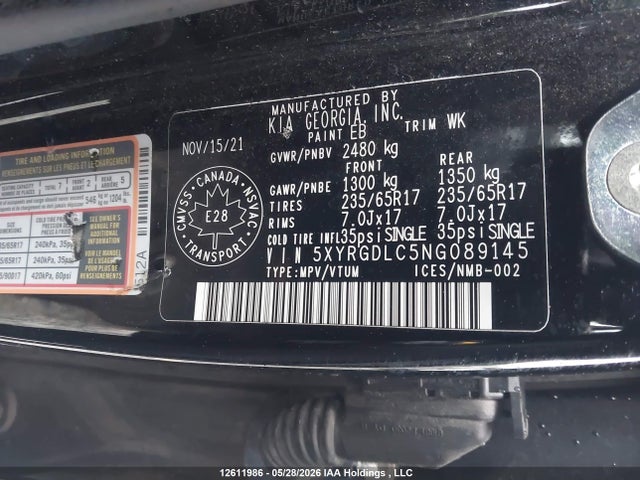 2022 Kia Sorento 2.5l Lx Premium/2.5l Lx+ მანქანა იყიდება აუქციონზე, vin: 5XYRGDLC5NG089145, აუქციონის ნომერი: 12611986
