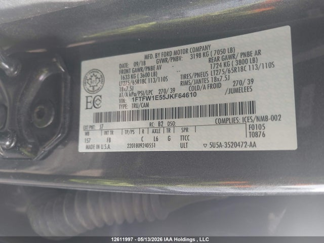 Продажа на аукционе авто 2018 Ford F-150 Xlt, vin: 1FTFW1E55JKF64610, номер лота: 12611997