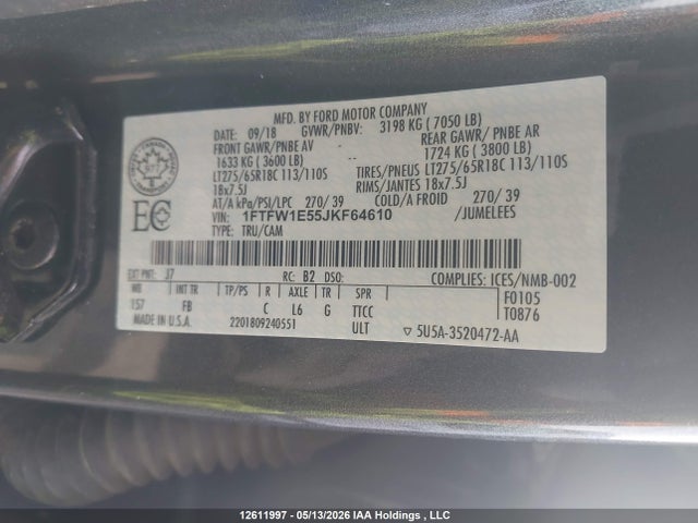 Продажа на аукционе авто 2018 Ford F-150 Xlt, vin: 1FTFW1E55JKF64610, номер лота: 12611997