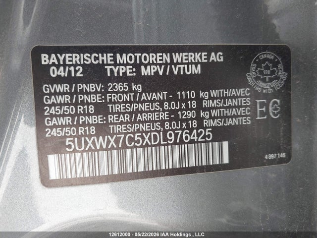 Auction sale of the 2013 Bmw X3 Xdrive35i, vin: 5UXWX7C5XDL976425, lot number: 12612000