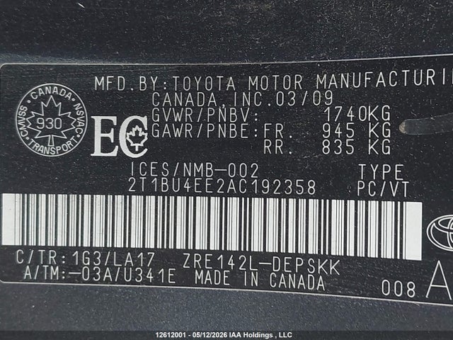 12612001 :رقم المزاد ، 2T1BU4EE2AC192358 vin ، 2010 Toyota Corolla S/le/xle مزاد بيع