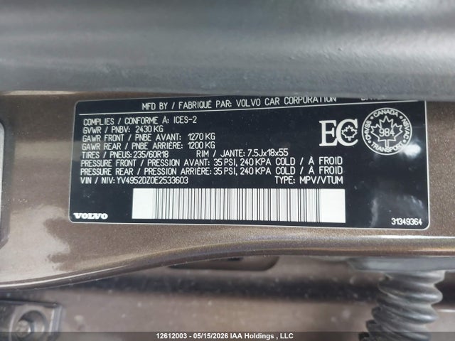 YV4952DZ0E2533603 Volvo Xc60 3.2/3.2 Platinum/3.2 Premier/3.2 Premier Plus