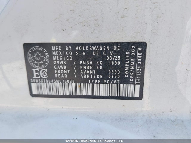 2025 Volkswagen Jetta მანქანა იყიდება აუქციონზე, vin: 3VWSX7BU4SM076086, აუქციონის ნომერი: 12612007