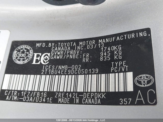 12612008 :رقم المزاد ، 2T1BU4EE9DC050139 vin ، 2013 Toyota Corolla S/le مزاد بيع