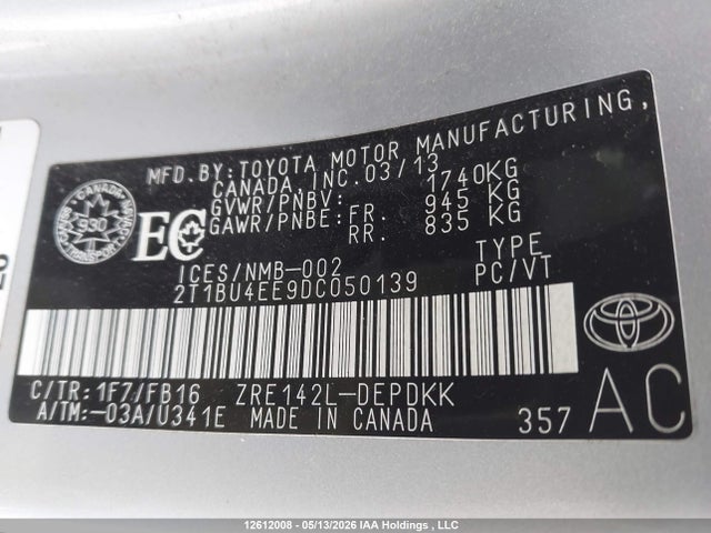 12612008 :رقم المزاد ، 2T1BU4EE9DC050139 vin ، 2013 Toyota Corolla S/le مزاد بيع