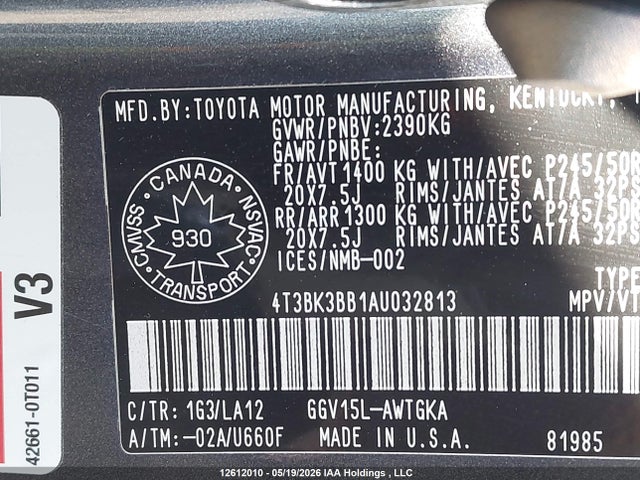12612010 :رقم المزاد ، 4T3BK3BB1AU032813 vin ، 2010 Toyota Venza مزاد بيع