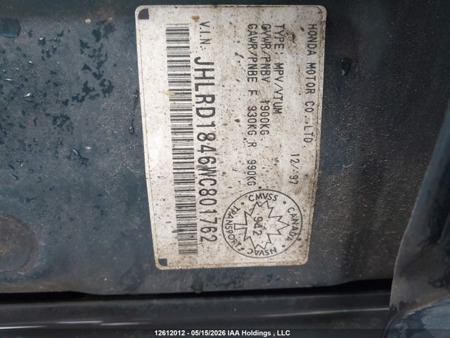 Продаж на аукціоні авто 1998 Honda Cr-v Lx, vin: JHLRD1846WC801762, номер лоту: 12612012