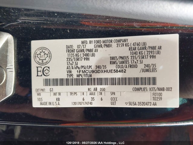 1FMCU9GDXHUE58482 Ford ESCAPE SE