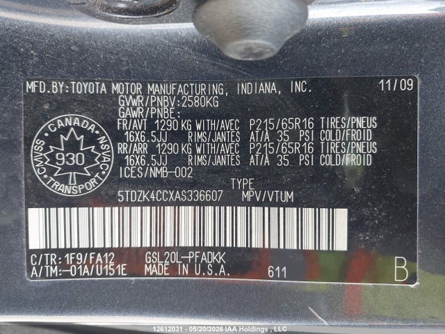 12612031 :رقم المزاد ، 5TDZK4CCXAS336607 vin ، 2010 Toyota Sienna Ce 7 Passenger مزاد بيع