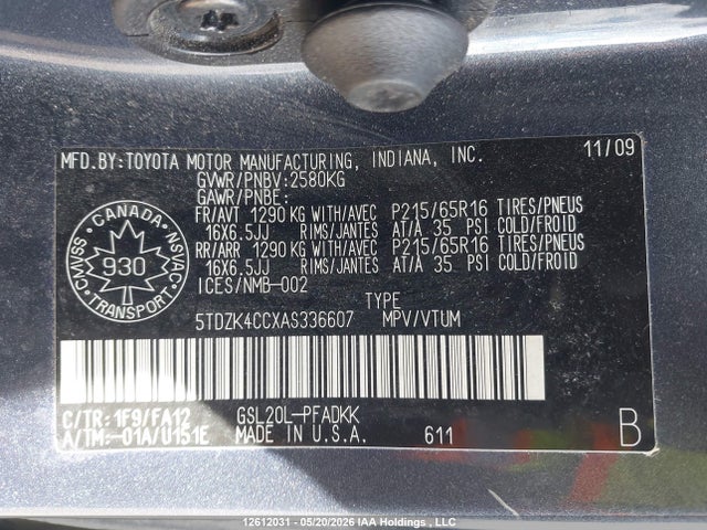 12612031 :رقم المزاد ، 5TDZK4CCXAS336607 vin ، 2010 Toyota Sienna Ce 7 Passenger مزاد بيع