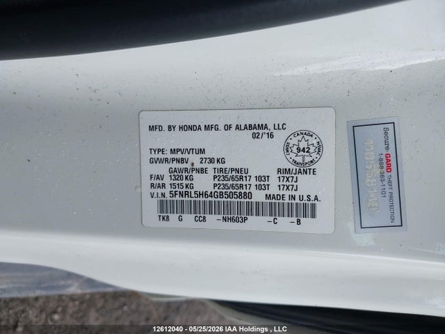 Aukcja sprzedaży 2016 Honda Odyssey Ex-l, vin: 5FNRL5H64GB505880, numer aukcji: 12612040