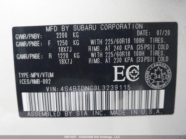 Продажа на аукционе авто 2020 Subaru Outback Limited, vin: 4S4BTDNC3L3239115, номер лота: 12573227