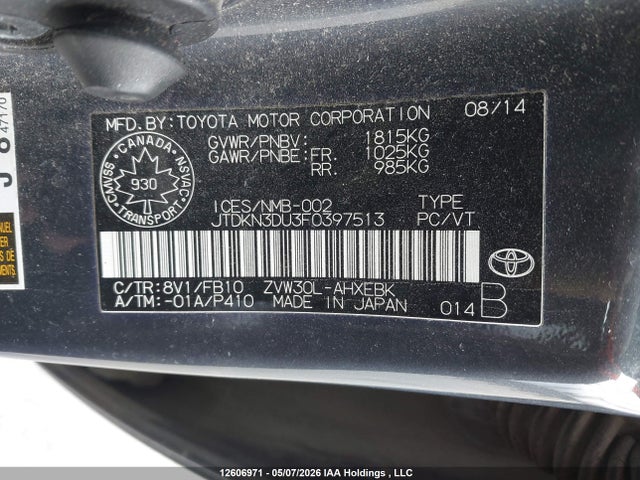 12606971 :رقم المزاد ، JTDKN3DU3F0397513 vin ، 2015 Toyota Prius مزاد بيع