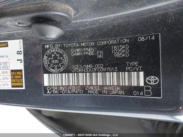 12606971 :رقم المزاد ، JTDKN3DU3F0397513 vin ، 2015 Toyota Prius مزاد بيع
