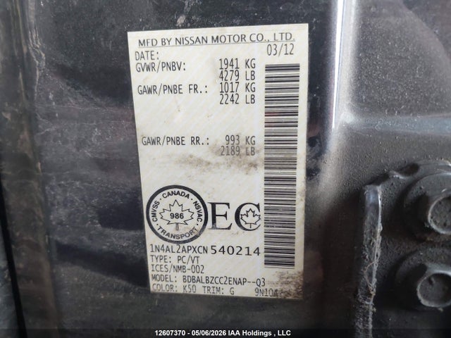2012 Nissan Altima 2.5 S მანქანა იყიდება აუქციონზე, vin: 1N4AL2APXCN540214, აუქციონის ნომერი: 12607370