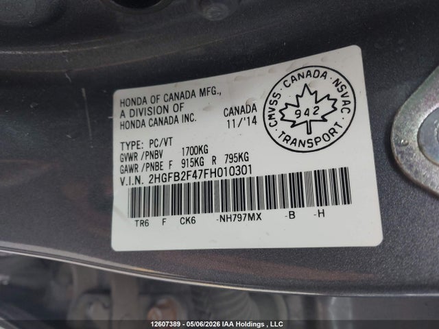 Продажа на аукционе авто 2015 Honda Civic Lx, vin: 2HGFB2F47FH010301, номер лота: 12607389