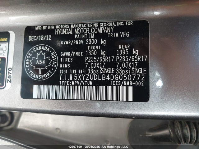 2013 Hyundai Santa Fe Sport 2.4 Luxury მანქანა იყიდება აუქციონზე, vin: 5XYZUDLB4DG050772, აუქციონის ნომერი: 12607509