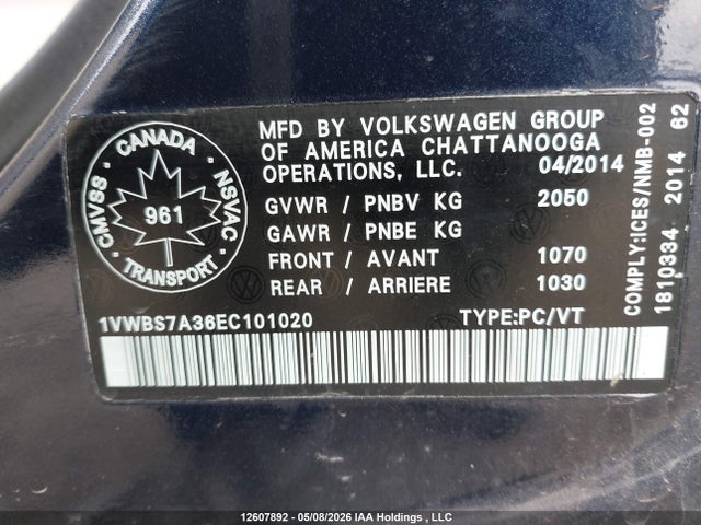 Aukcja sprzedaży 2014 Volkswagen Passat 1.8 Tsi Comfortline, vin: 1VWBS7A36EC101020, numer aukcji: 12607892