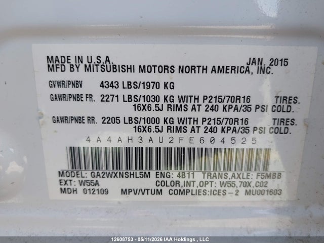 Продаж на аукціоні авто 2015 Mitsubishi Rvr Es/se, vin: 4A4AH3AU2FE604525, номер лоту: 12608753