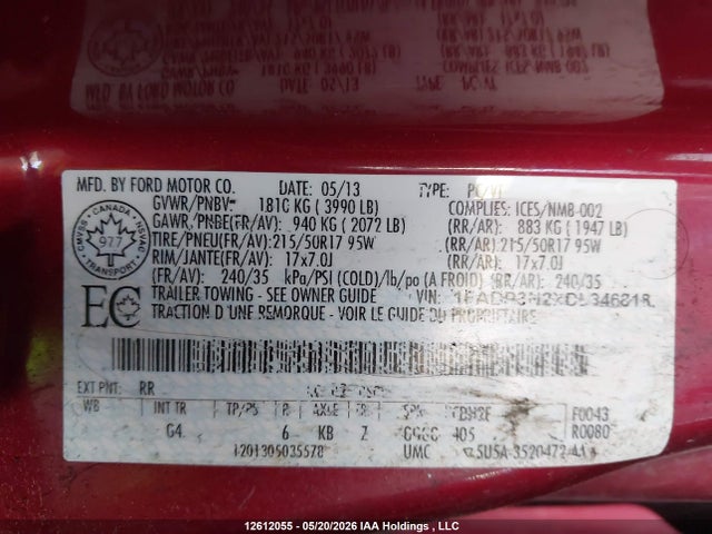 12612055 :رقم المزاد ، 1FADP3N2XDL346818 vin ، 2013 Ford Focus Titanium مزاد بيع