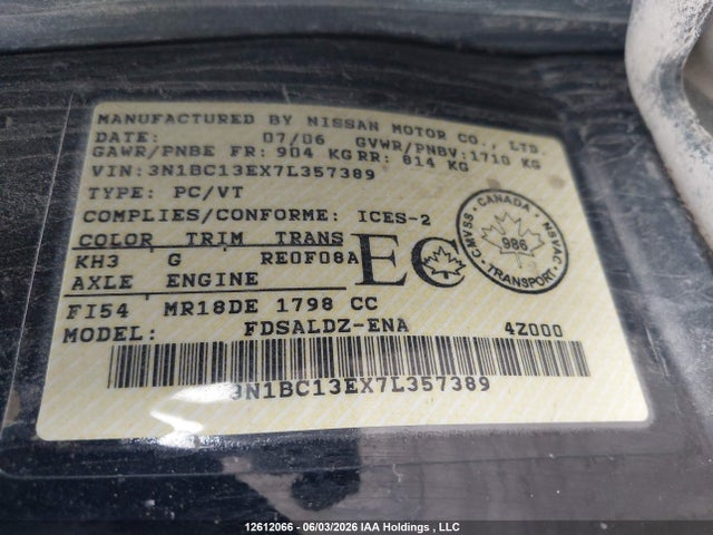 Aukcja sprzedaży 2007 Nissan Versa 1.8sl, vin: 3N1BC13EX7L357389, numer aukcji: 12612066